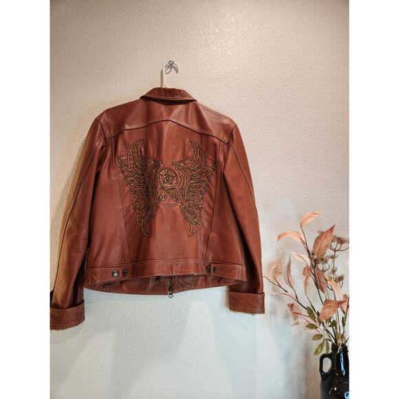 Harley-Davidson Women's Leather Jacket Brown‎ Beaded Wings Size L Vintage 2006 - Picture 2 of 10
